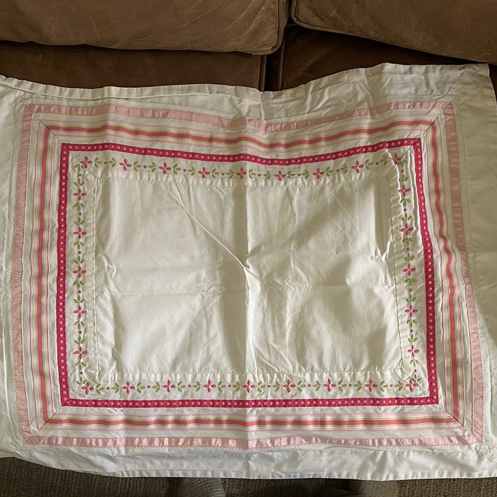 Pottery Barn Kids Pink and Green Ribbon Stripe Floral Pillow Sham